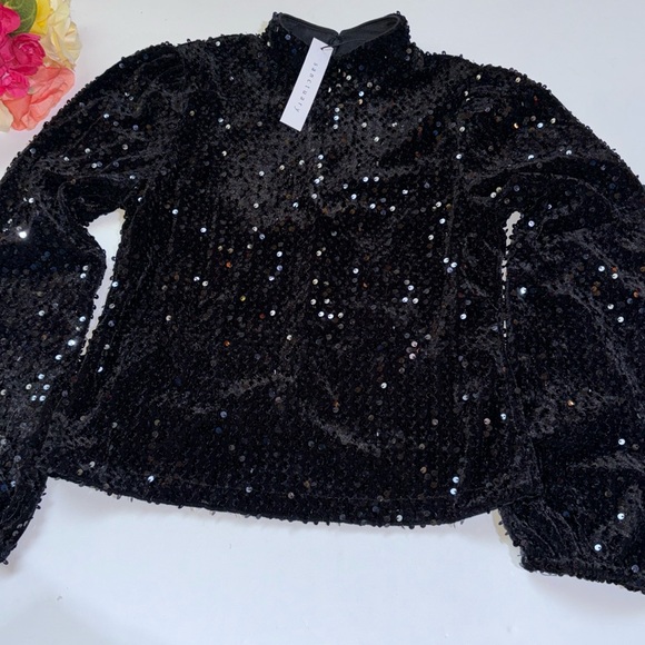 Sanctuary Women's All Nighter Black Sequin Mock Neck Zipper Blouse Top - Picture 1 of 16
